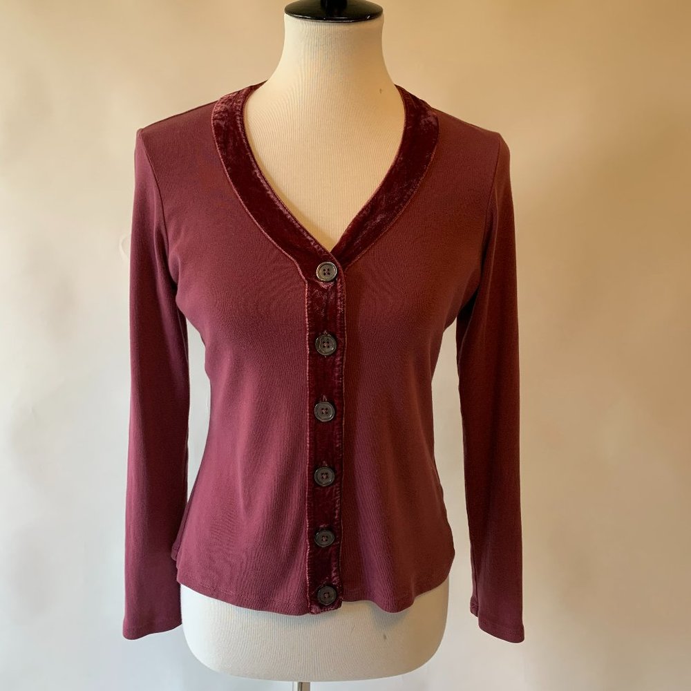 Boden mauve cardi w/velvet trim